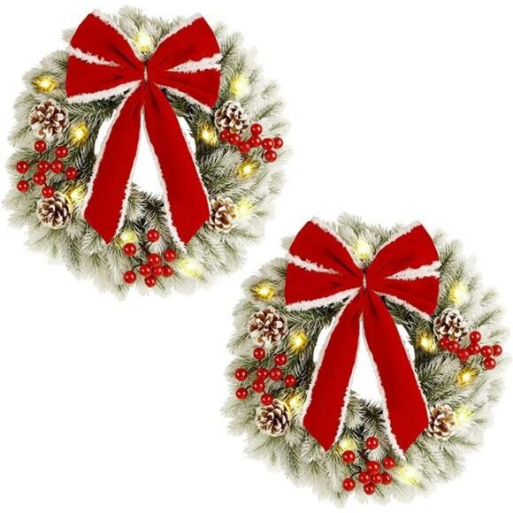 2 Pcs Mini Christmas Wreath, 15 inch  Outdoor Lighted Christmas Wreath - Picture 1 of 7